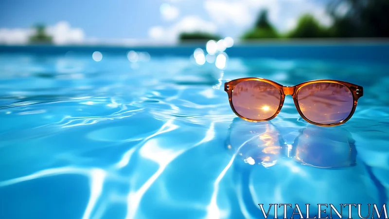 Brown sunglasses floating on bright blue swimming pool.
