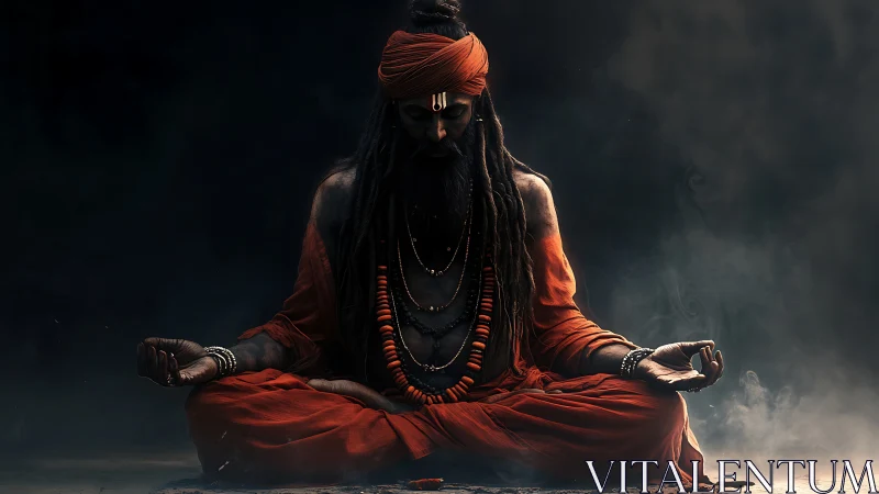Mystic yogi in deep meditation glows against shadowed void