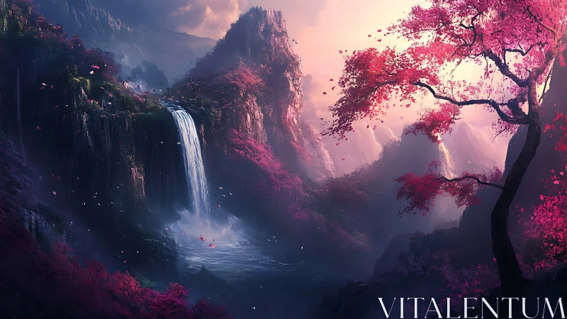 Mystic waterfall valley beneath radiant pink blossom skies.
