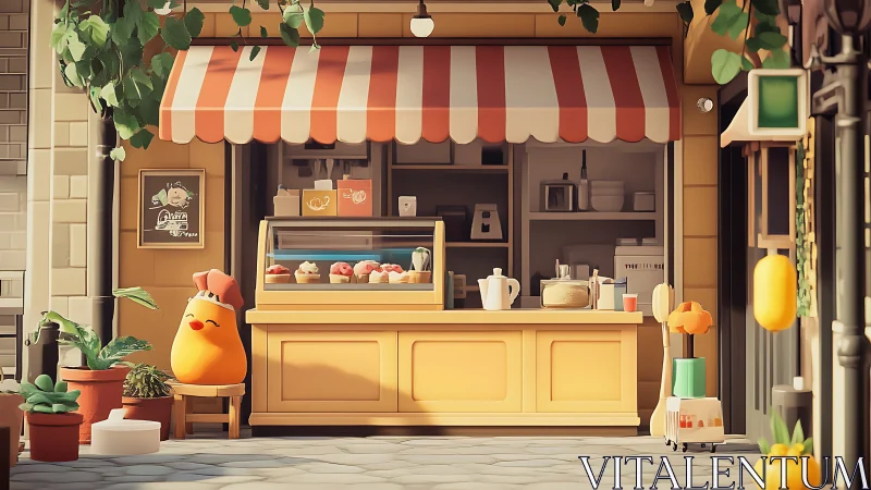Low poly sidewalk patisserie with stylized pastry mascot.