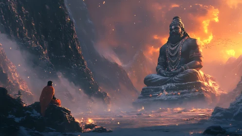Monk contemplates colossal Shiva statue in burning glacier valley