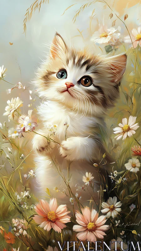 Domestic Kitten in Flowering Botanical Setting