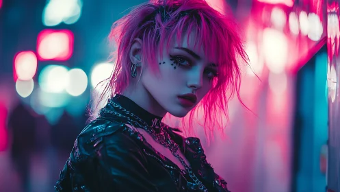 Neon lit street portrait shows stylized figure in pink hair