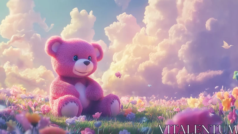 Cotton-candy teddy lounges beneath storybook sunrise clouds