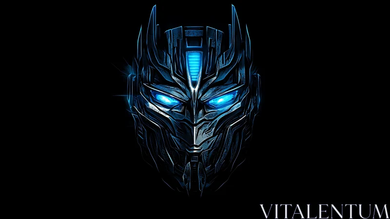 Cyan-lit mechanoid visor portrait with angular chrome plating.