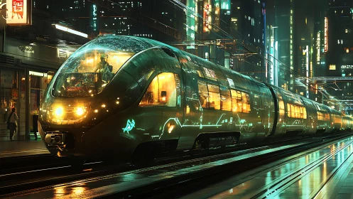Futuristic neon-lit bullet train in rainy cyberpunk cityscape.