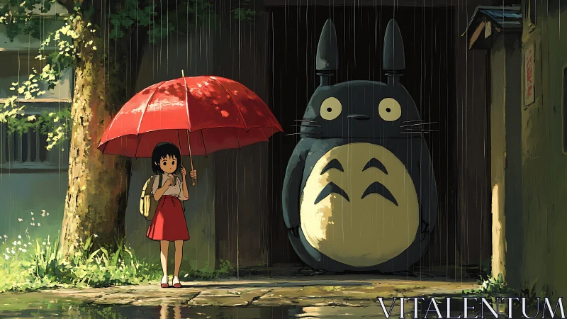 Girl with red umbrella beside large forest creature in rain.