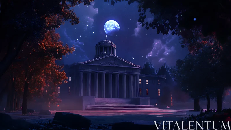 Moonlit academy under violet skies and dreaming trees.