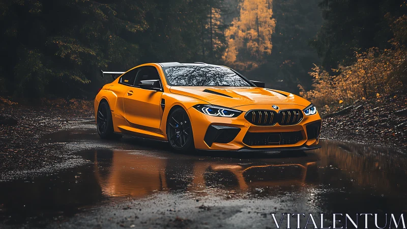 Vivid orange sports coupe reflects in wet forest roadway