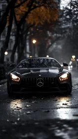 Midnight Mercedes prowls a rain slicked autumn avenue.