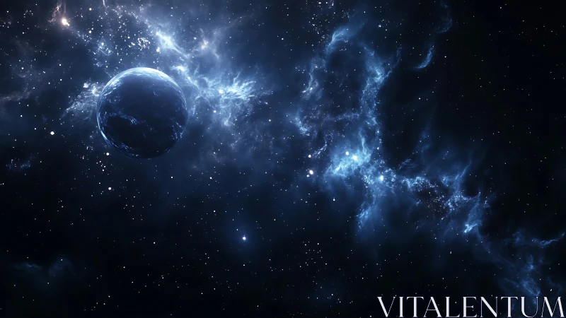 Midnight planet drifting softly through glowing blue starlight.