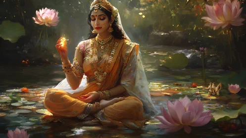 Ornate goddess in lotus pond, golden-hour meditative stillness