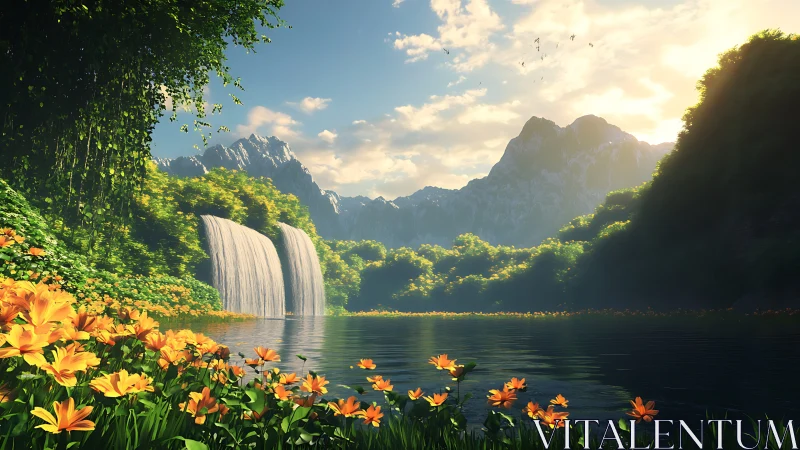 Sunlit mountain lake with waterfalls and orange flowers.