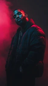 Male subject in dark jacket under red and cyan lighting.