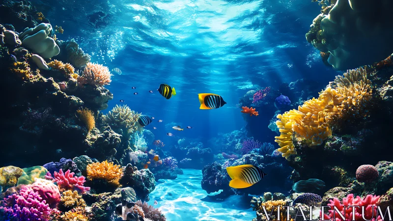 Sunlit coral metropolis hums while tropical fish glide by