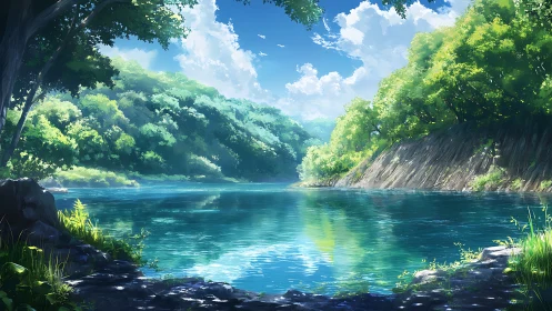 Luminous forest river with reflective water and summer sky.