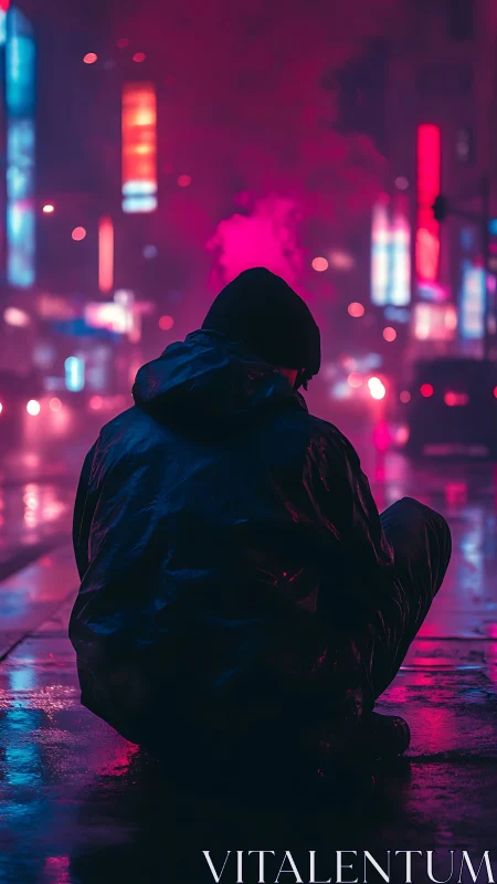 Solitary figure reflects in neon haze on a midnight city street