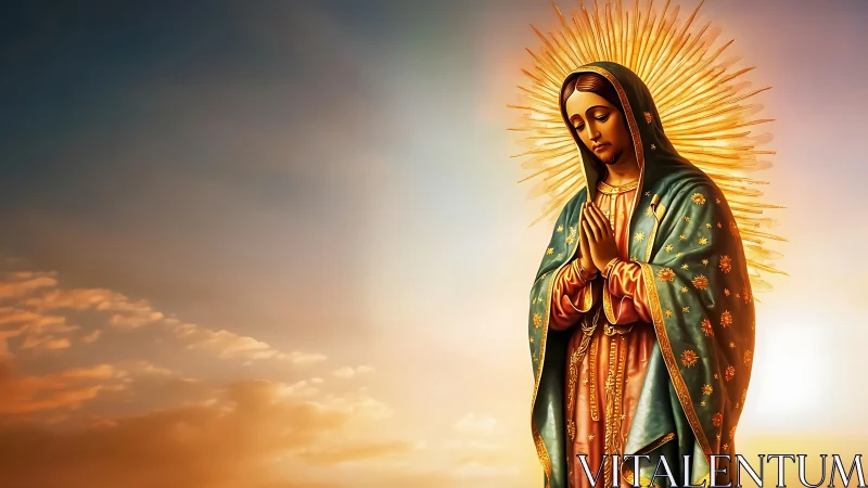 Devotional Marian icon rendered with radiant backlighting and ornate drapery