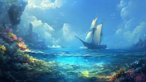 Sailing vessel crossing luminous tropical coastal shallows.