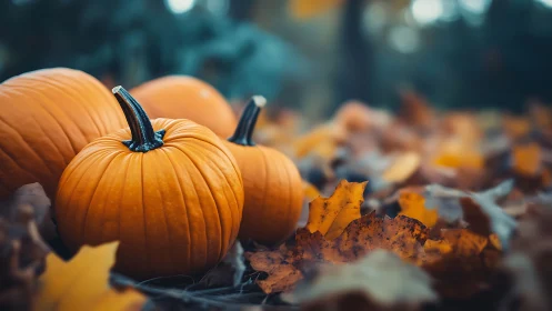 Golden pumpkins rest softly among crisp autumn leaves