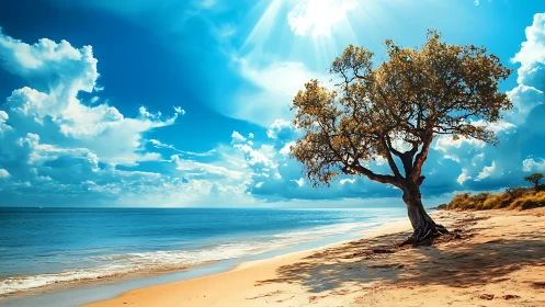 Solitary coastal tree under radiant midday ocean sky.