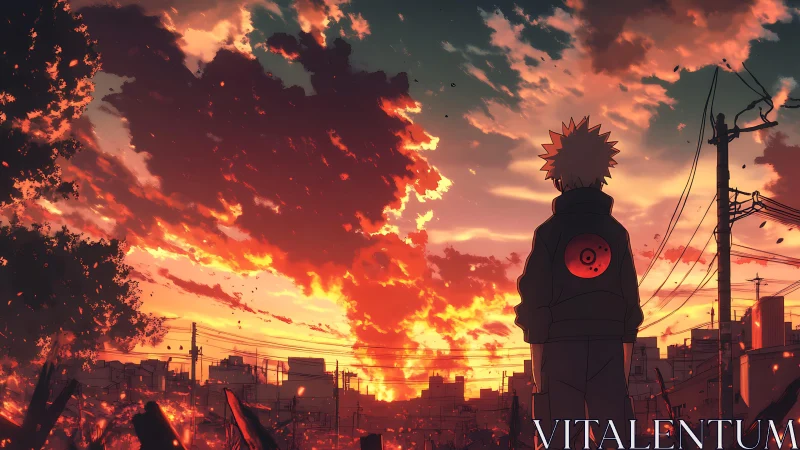 Solitary anime figure observes blazing sunset cityscape.