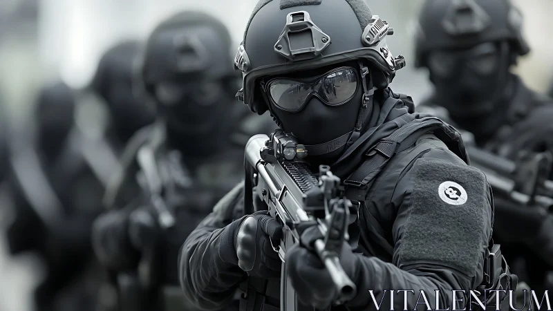 Armed tactical unit in black uniforms advancing forward.