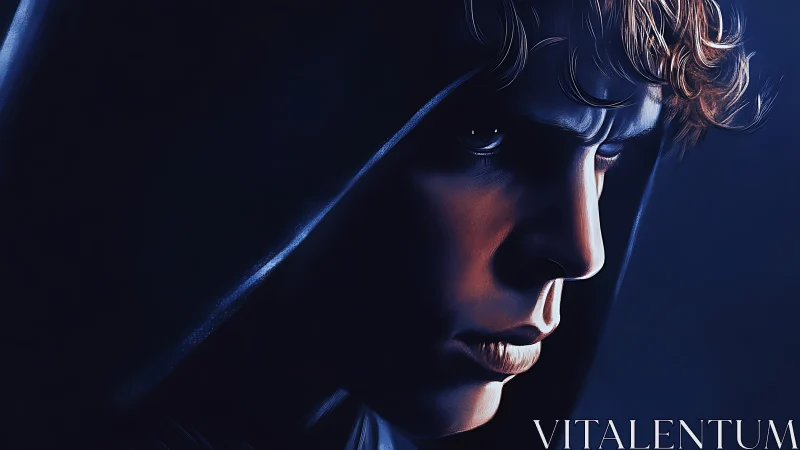 Brooding hooded youth carved from midnight and embers.