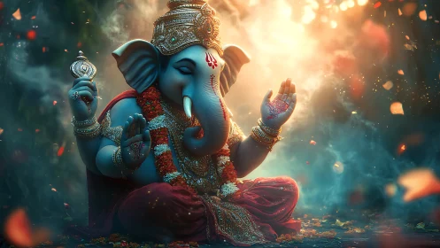 Elephant-headed deity sits cross-legged in dense volumetric light