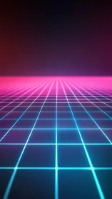 Neon grid plane receding to vanishing point with retro gradient lighting