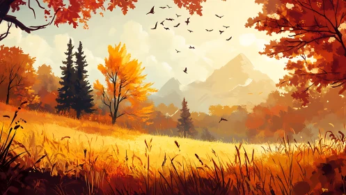 Autumnal mountain meadow under warm atmospheric backlighting.