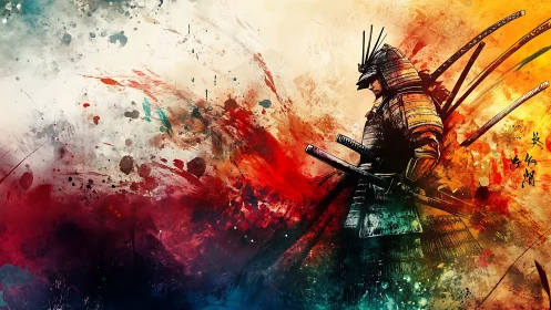 Samurai strides through a storm of splintered color and memory