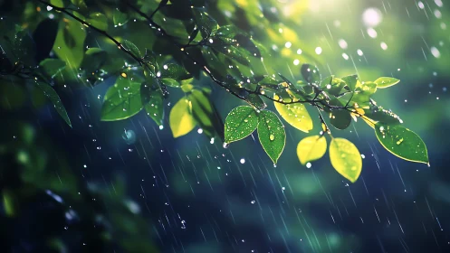 Sunlit spring leaves glisten gently under fresh rainfall