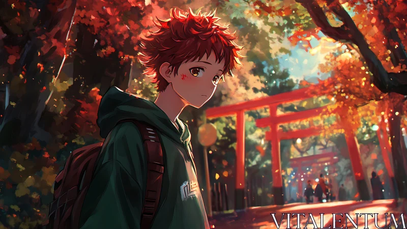 Red-haired teen walks through autumn shrine torii path.