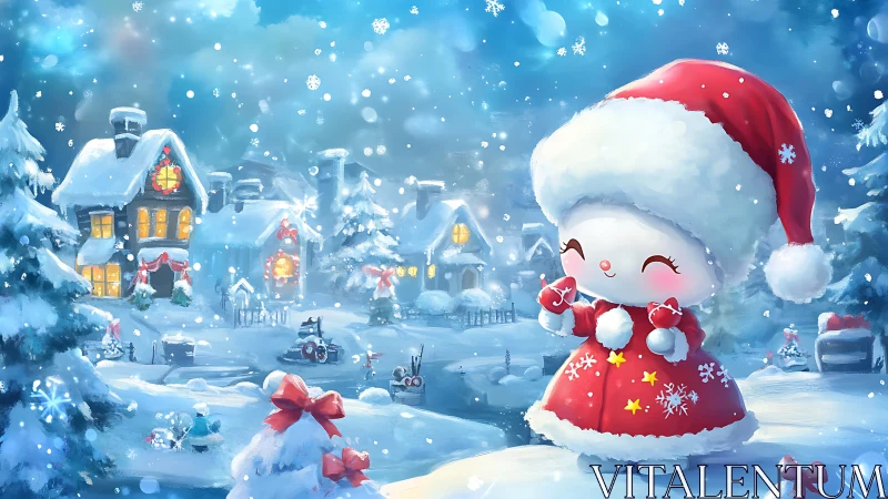 Snow covered village scene includes stylized winter character