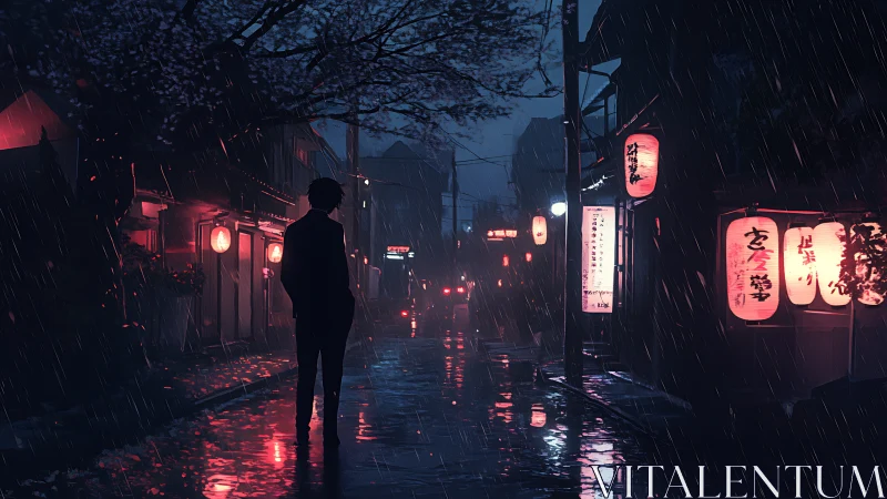 Silhouetted figure walks rainy neon alley in moody digital study