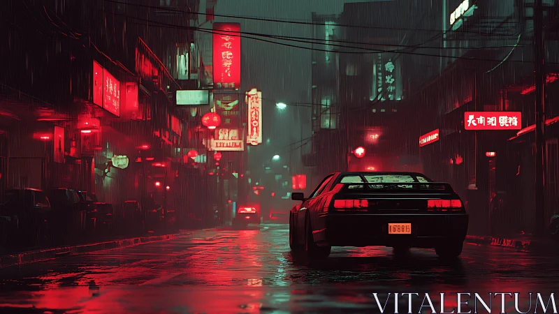 Neon-lit rainy street isolates retro sports car in reflective red haze