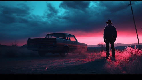 Silhouetted man and car in neon sunset desert scene.