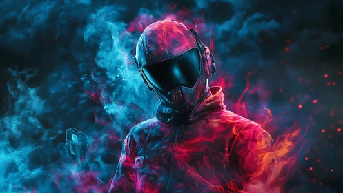 Hooded sci fi soldier in neon smoke and glowing fire.
