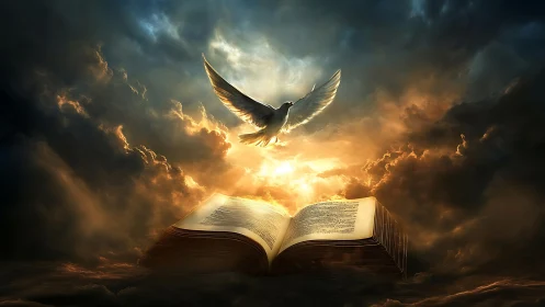 Radiant white dove rising above illuminated open holy book