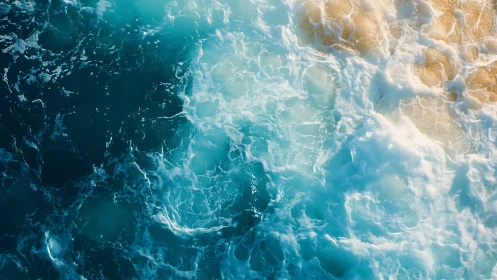 Ocean surface shows turbulent waves over shallow seafloor