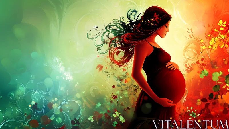 Pregnant woman silhouette in floral gradient bokeh environment