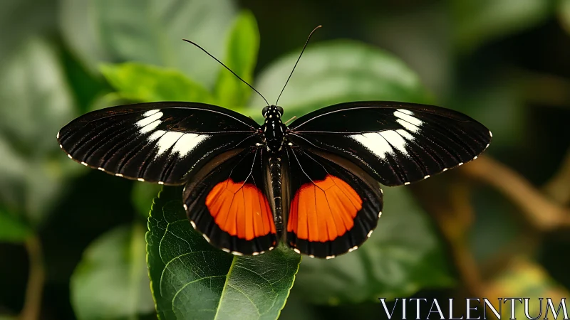 Graceful black and red butterfly resting on lush green leaf.