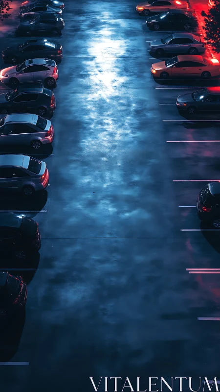 Neon-lit wet parking lot corridor with cinematic contrasts.