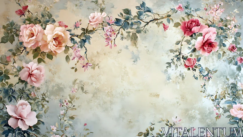 Soft rose garden arch framing a gentle vintage sky background.