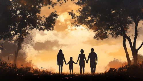 Silhouetted family strolls beneath a glowing twilight canopy.