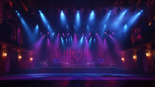 Velvet-lit concert hall stage glowing in electric hues.