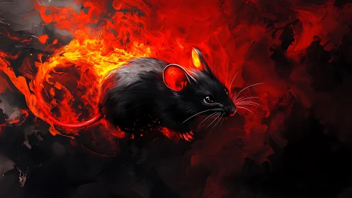 Fiery black mouse sprints through swirling crimson flames.