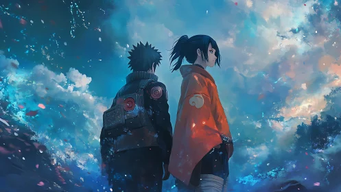 Twin silhouettes under luminous sky with ethereal clouds.