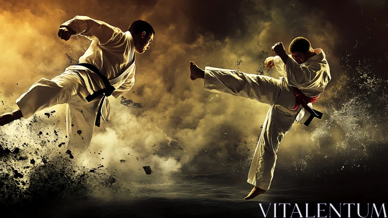 Karate fighters trade explosive airborne kicks in mid combat